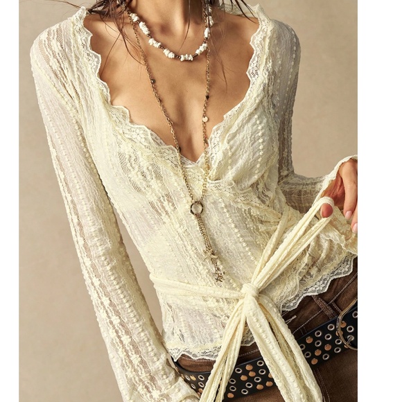 Tops - Boho Floral Lace V neck Semi Sheer Long Sleeve Flare Top